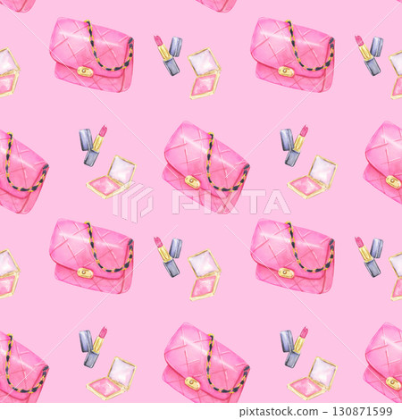 Seamless pattern with handbags and makeup on pink background Seamless pattern with handbags and makeup on pink background 130871599