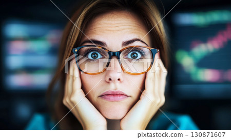 A woman expressing stress and confusion in a work environment. 130871607