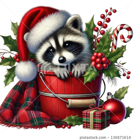 Cute raccoon in a festive bucket with Christmas decorations, isolated on white. Cute raccoon in a festive bucket with Christmas decorations, isolated on white. 130871618