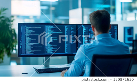 Professional developer coding on dual monitors in modern office. 130871630