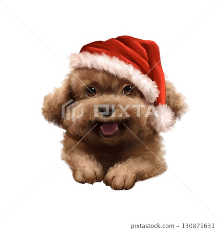 Hand-drawn illustration of an adorable, fluffy brown dog wearing a festive red Santa hat. This cute and charming design is perfect for Christmas and holiday-themed products and greetings 130871631
