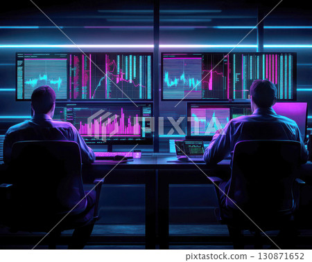 Two analysts monitoring data on advanced computer screens. 130871652