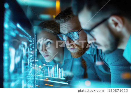 Professionals analyze data insights on high-tech screens. 130871653