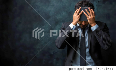 A business man displaying stress and anxiety in a dark setting. 130871654