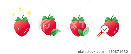 Fresh Strawberry Icon Set: Shiny Berry, Leaves Variations and Quality Check Isolated Strawberry Icons Collection. 130871680