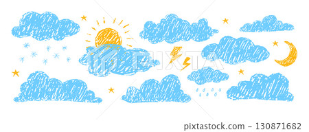 Cloud pastel pencil. Weather forecasts elements drawn by colored crayon. Childish texture. Hand drawn vector illustration 130871682