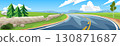 Straight of asphalt road to the destination. crumbling brick wall on the side with pine on the back. Curve leads to the hill ahead. Background of mountain under blue sky and white clouds. 130871687