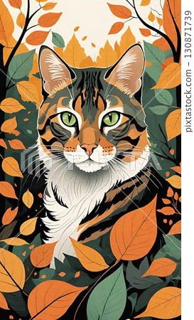 Autumn Cat Peek. at with green eyes peeking through fall leaves. Cozy, curious, poetic seasonal nature scene. 130871739