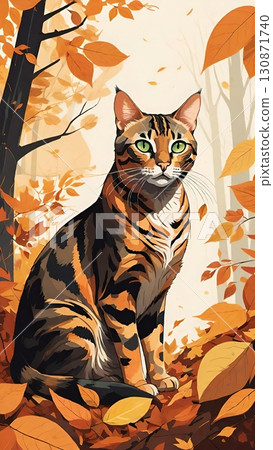 Autumn Cat Peek. at with green eyes peeking through fall leaves. Cozy, curious, poetic seasonal nature scene. 130871740