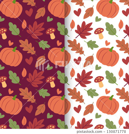 Seamless autumn pattern with pumpkins leaves hearts and mushrooms in warm colors Perfect seasonal design for fabric packaging wallpaper wrapping and decorative projects 130871778