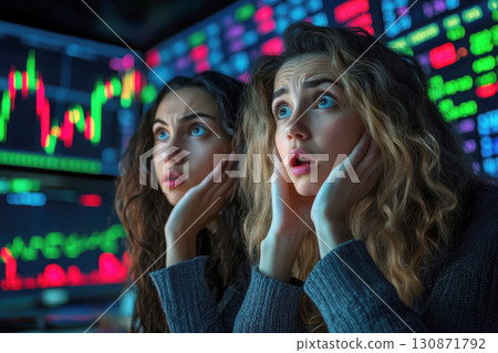 Two women express shock at fluctuating stock market data. 130871792