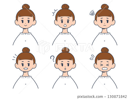 Young woman facial expression icon set, front upper body, simple illustration Young woman facial expression icon set, front upper body, simple illustration 130871842