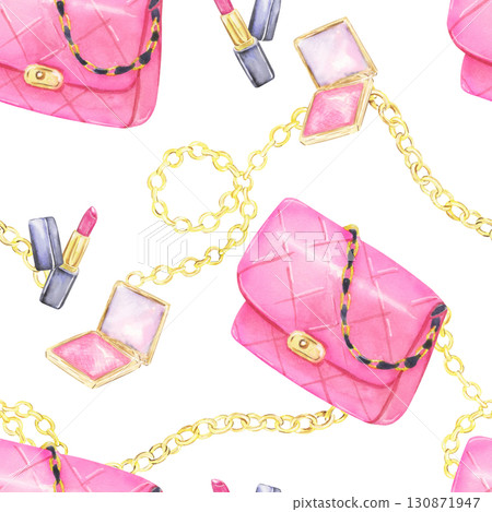 seamless pattern with handbags, lipstick and gold chain watercolor seamless pattern with handbags, lipstick and gold chain watercolor 130871947
