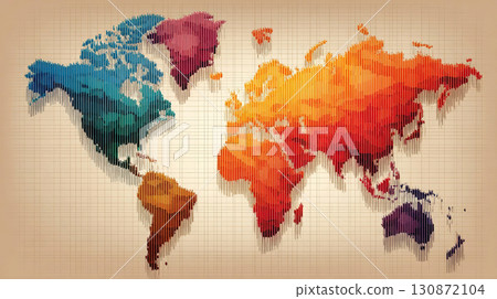 Colorful world map with vertical lines and warm tone background 130872104