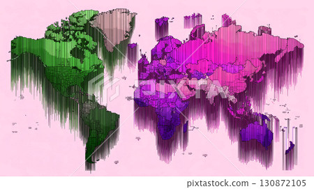 3D world map with vertical bars in warm and cool colors 130872105