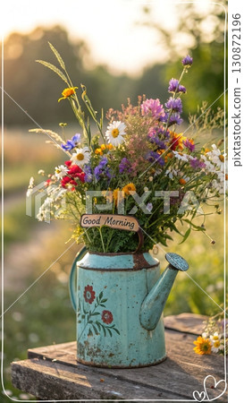 Rustic Wildflowers in a Teapot. An AI-generated image of a colorful wildflower bouquet in a rustic, weathered turquoise teapot. Perfect for morning, spring, and nature themes. 130872196