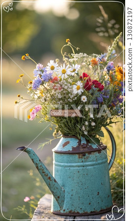 Rustic Wildflowers in a Teapot. An AI-generated image of a colorful wildflower bouquet in a rustic, weathered turquoise teapot. Perfect for morning, spring, and nature themes. Rustic Wildflowers in a Teapot. An AI-generated image of a colorful wildflower bouquet in a rustic, weathered turquoise teapot. Perfect for morning, spring, and nature themes. 130872197