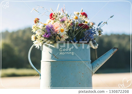 Rustic Wildflowers in a Teapot. An AI-generated image of a colorful wildflower bouquet in a rustic, weathered turquoise teapot. Perfect for morning, spring, and nature themes. 130872208
