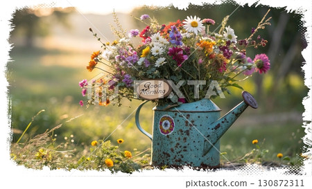 Rustic Wildflowers in a Teapot. An AI-generated image of a colorful wildflower bouquet in a rustic, weathered turquoise teapot. Perfect for morning, spring, and nature themes. 130872311