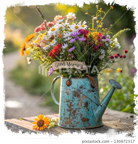 Rustic Wildflowers in a Teapot. An AI-generated image of a colorful wildflower bouquet in a rustic, weathered turquoise teapot. Perfect for morning, spring, and nature themes. 130872317