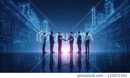Business handshake futuristic digital industrial environment with 130872342