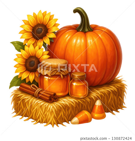 Autumn pumpkin with honey jars, sunflowers, cinnamon 130872424