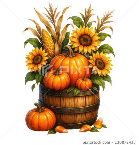Autumn harvest with pumpkins, sunflowers, and corn in wooden barrel 130872433