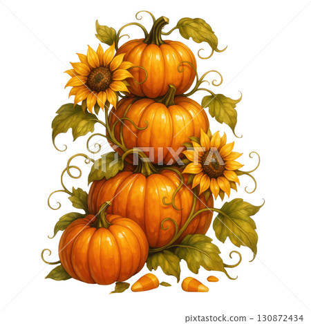 Autumn pumpkins stacked with sunflowers and candy corn warm colors Autumn pumpkins stacked with sunflowers and candy corn warm colors 130872434