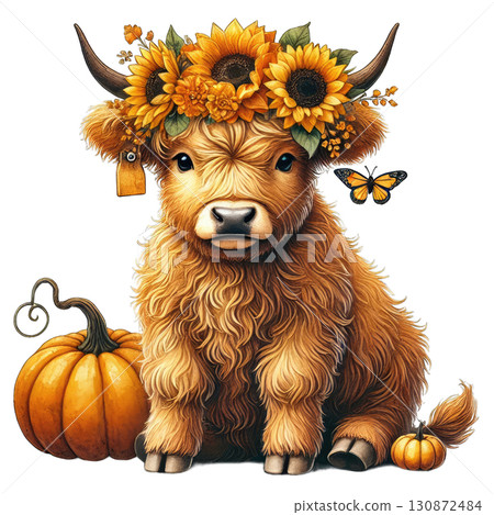 Cute Highland cow adorned with sunflowers, surrounded by pumpkins, perfect for autumn-themed designs and illustrations. 130872484