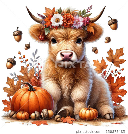 A charming calf adorned with a floral crown and surrounded by autumn leaves and pumpkins, embodying fall's cozy spirit. A charming calf adorned with a floral crown and surrounded by autumn leaves and pumpkins, embodying fall's cozy spirit. 130872485