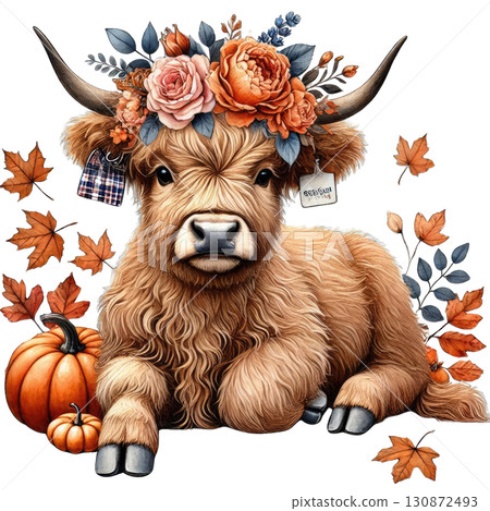 Charming Highland calf adorned with flowers and autumn leaves, perfect for seasonal decor and nature-themed designs. 130872493