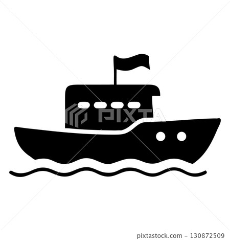A simple black silhouette depicts a ship sailing on stylized waves graphic 130872509