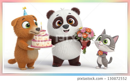 Birthday concept. Happy birthday! text. A playful, big eyed, furry, and colorful panda holding a candlelit cake, a dog, and a cat holding a bouquet of flowers. 130872552
