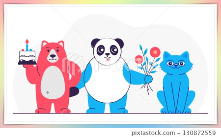 Birthday concept. Happy birthday! text. A playful, big eyed, furry, and colorful panda holding a candlelit cake, a dog, and a cat holding a bouquet of flowers. 130872559