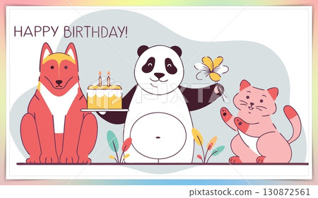 Birthday concept. Happy birthday! text. A playful, big eyed, furry, and colorful panda holding a candlelit cake, a dog, and a cat holding a bouquet of flowers. Birthday concept. Happy birthday! text. A playful, big eyed, furry, and colorful panda holding a candlelit cake, a dog, and a cat holding a bouquet of flowers. 130872561