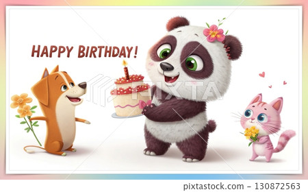 Birthday concept. Happy birthday! text. A playful, big eyed, furry, and colorful panda holding a candlelit cake, a dog, and a cat holding a bouquet of flowers. 130872563