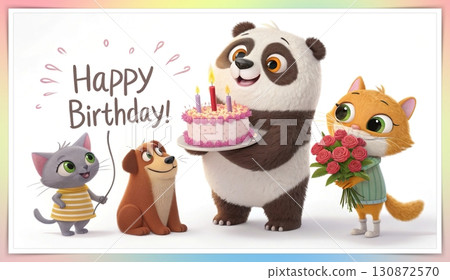 Birthday concept. Happy birthday! text. A playful, big eyed, furry, and colorful panda holding a candlelit cake, a dog, and a cat holding a bouquet of flowers. 130872570
