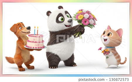Birthday concept. Happy birthday! text. A playful, big eyed, furry, and colorful panda holding a candlelit cake, a dog, and a cat holding a bouquet of flowers. Birthday concept. Happy birthday! text. A playful, big eyed, furry, and colorful panda holding a candlelit cake, a dog, and a cat holding a bouquet of flowers. 130872573