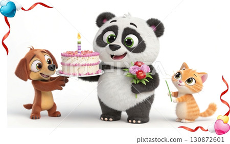 Birthday concept. Happy birthday! text. A playful, big eyed, furry, and colorful panda holding a candlelit cake, a dog, and a cat holding a bouquet of flowers. 130872601