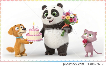 Birthday concept. Happy birthday! text. A playful, big eyed, furry, and colorful panda holding a candlelit cake, a dog, and a cat holding a bouquet of flowers. 130872612