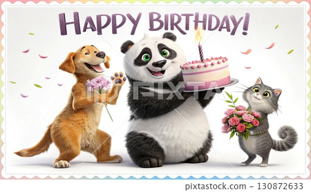 Birthday concept. Happy birthday! text. A playful, big eyed, furry, and colorful panda holding a candlelit cake, a dog, and a cat holding a bouquet of flowers. 130872633