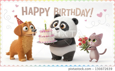 Birthday concept. Happy birthday! text. A playful, big eyed, furry, and colorful panda holding a candlelit cake, a dog, and a cat holding a bouquet of flowers. 130872639