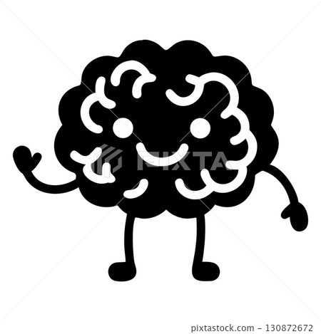 A cartoon brain with a happy smile stands, waving its arm towards you 130872672