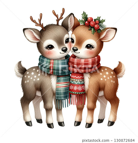 Two cute deer wearing scarves, white isolate background. 130872684
