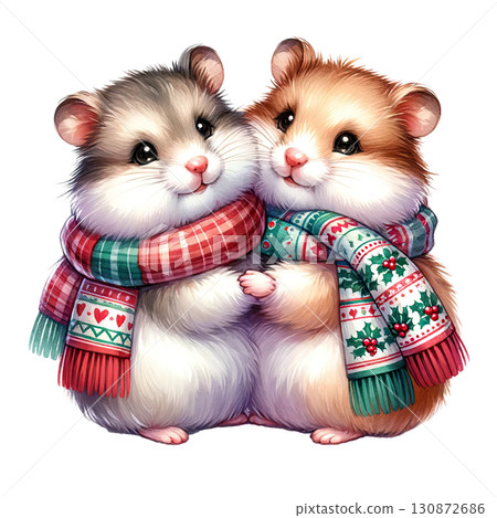 Two cute hamsters in scarves, white isolated background. 130872686
