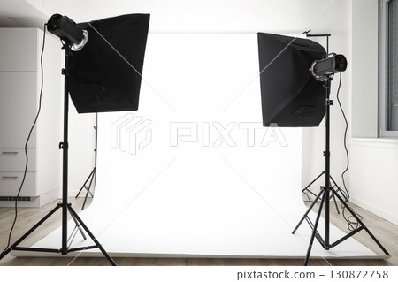 Bright studio area equipped with two softbox lights ready for use Bright studio area equipped with two softbox lights ready for use 130872758