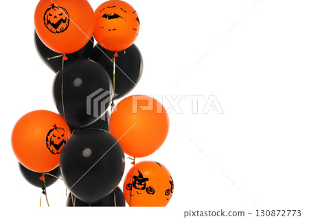 Spooky orange and black Halloween balloons, isolated on white, PNG 130872773
