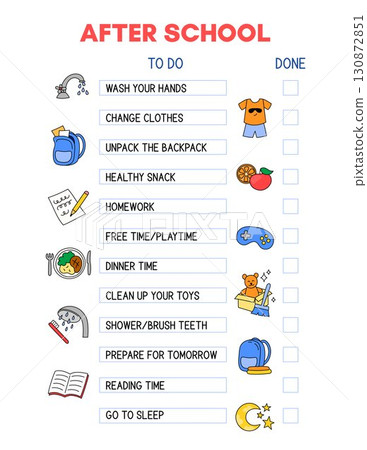 After school routine checklist template. Printable chart for kids after classes. Daily tasks for children, chores to do list, time organizer. Colorful doodle illustrations, funny clipart 130872851