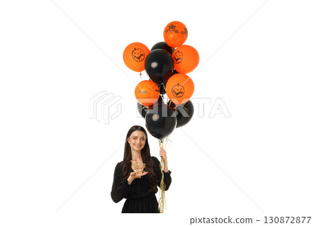 Smiling woman with Halloween items, isolated on white, PNG Smiling woman with Halloween items, isolated on white, PNG 130872877