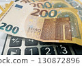 Calculator and Euro Bills. A professional stock photo of 200 euro banknotes on a calculator. 130872896